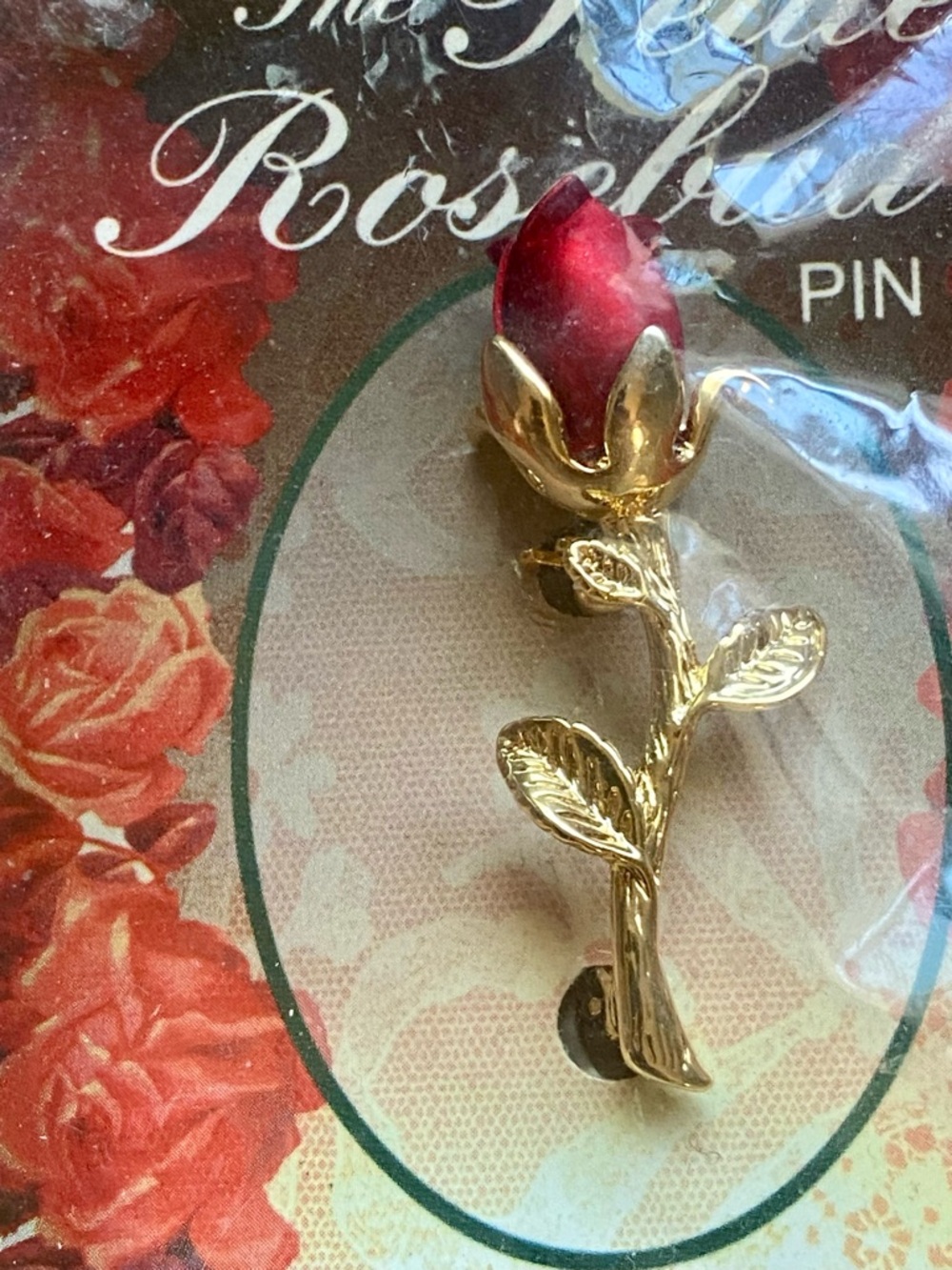 Petite Rosebud Pin Brooch - Red Rosebud 18 kt. Gold Finish 2” still in pkg
